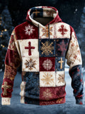 Comstylish Christmas Snowflake & Cross Patchwork Design Men's Flannel Hooded Sweatshirt