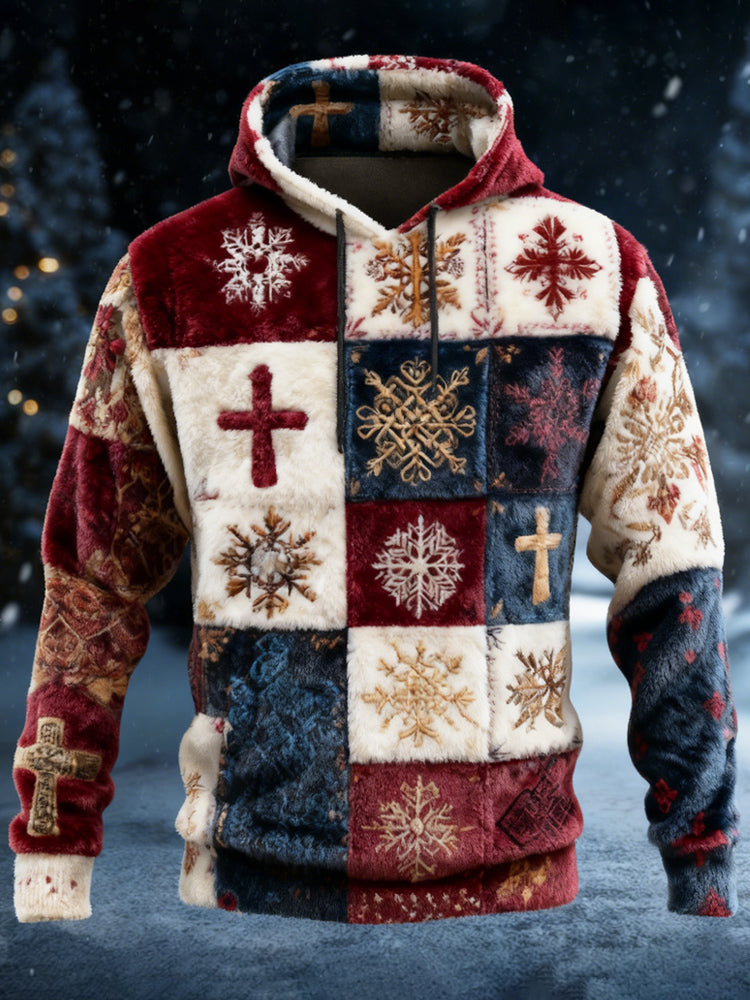 Comstylish Christmas Snowflake & Cross Patchwork Design Men's Flannel Hooded Sweatshirt