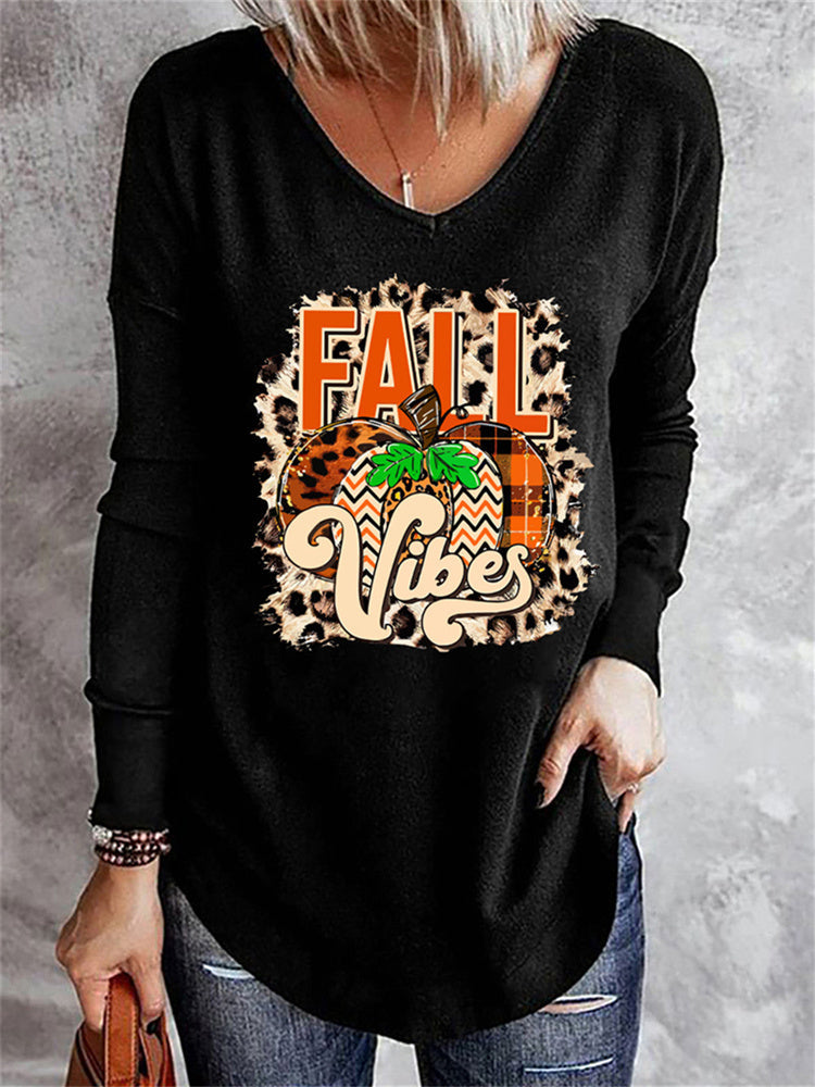 Fall Vibe Pumpkin Leopard Graphic Long Sleeve Top artswardrobe