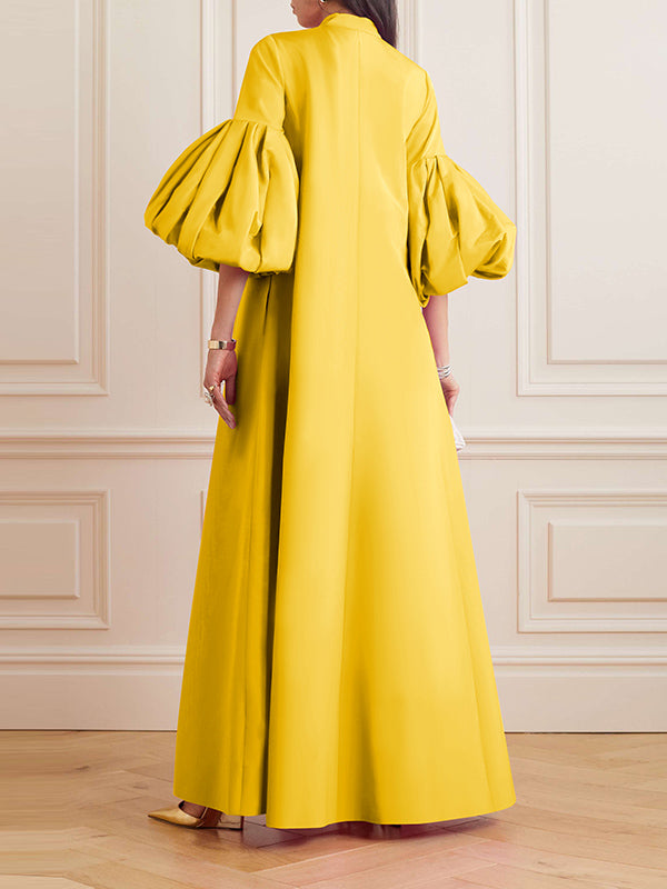 Loose Flower Shape Color Stand Collar Lantern Sleeves Maxi Dresses