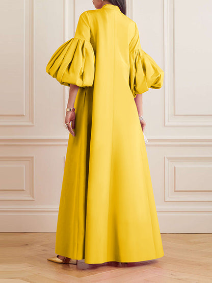 Loose Flower Shape Color Stand Collar Lantern Sleeves Maxi Dresses