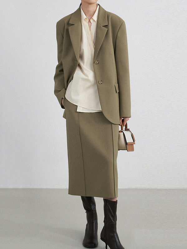 Loose Buttoned Color Long Sleeves Lapel Blouses&shirts Tops + Skirts Bottom + Notched Collar Blazer Outerwear Three Pieces Set