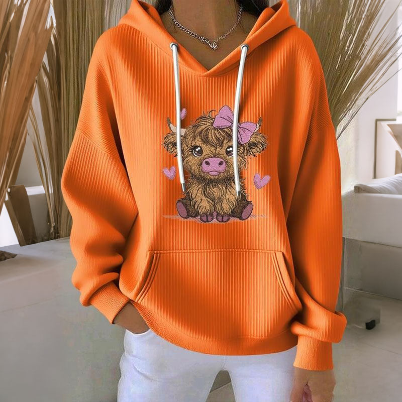 Women's Cute Heart Highland Cow Print Long Sleeve Casual Hoodie artswardrobe
