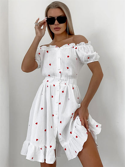 Tossy Ruffled Printed Patchwork Mini Dress for Off-shoulder High Waist Gown Party Dress Summer Dress