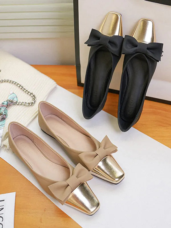 Bowknot Contrast Color Shallow Cut Split-joint Square-toe Flats