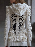 Classy White Roses Beaded Skeleton Hooded Cozy Knit Cardigan artswardrobe