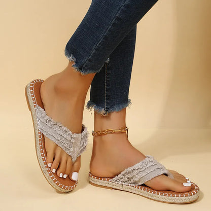 Canvas Flat Flip Flops, Soldi Color Open Toe Non Slip Slides Shoes, Outdoor Versatile Slippers Se1038