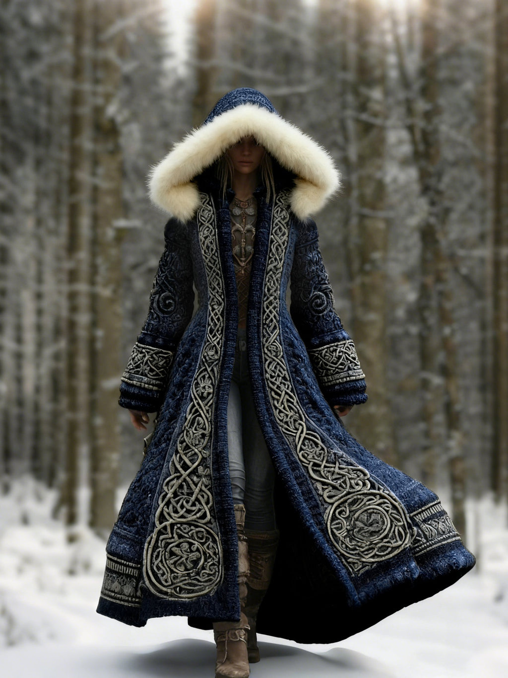 Comstylish Women's Viking Celtic Knot Knitted Jacquard Cozy Fur Trim Hooded Cardigan