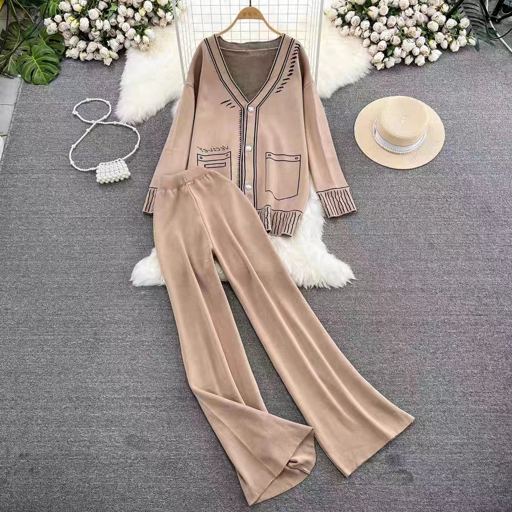 Long Sleeve V Neck Jacquard Knitted Sweater Jacket Two Piece High Waist Wide Leg Pants