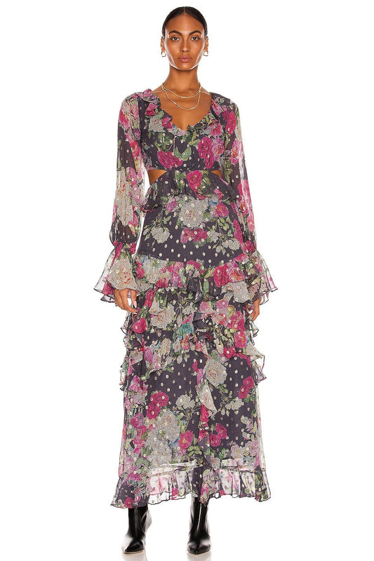 Gold Foil Stamping Frill Midi Dress