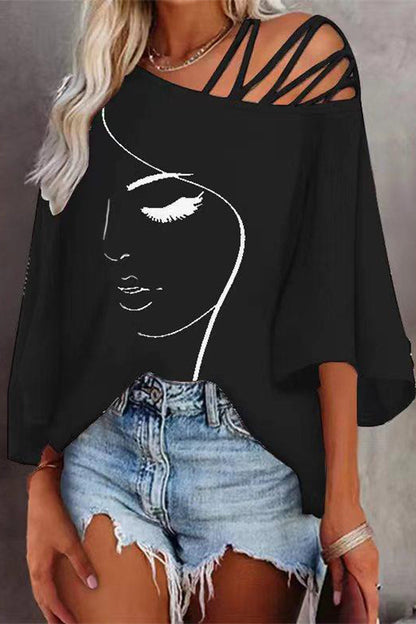 Print Patchwork Oblique Collar T-shirts(5 Colors)
