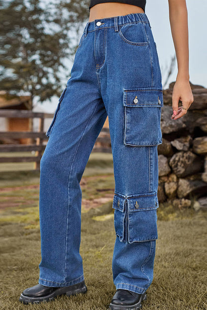 Street Pocket Mid Waist Loose Denim Jeans