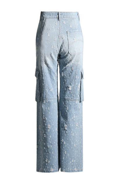 Patchwork Ripped Pocket Zipper Straight Denim Jeans