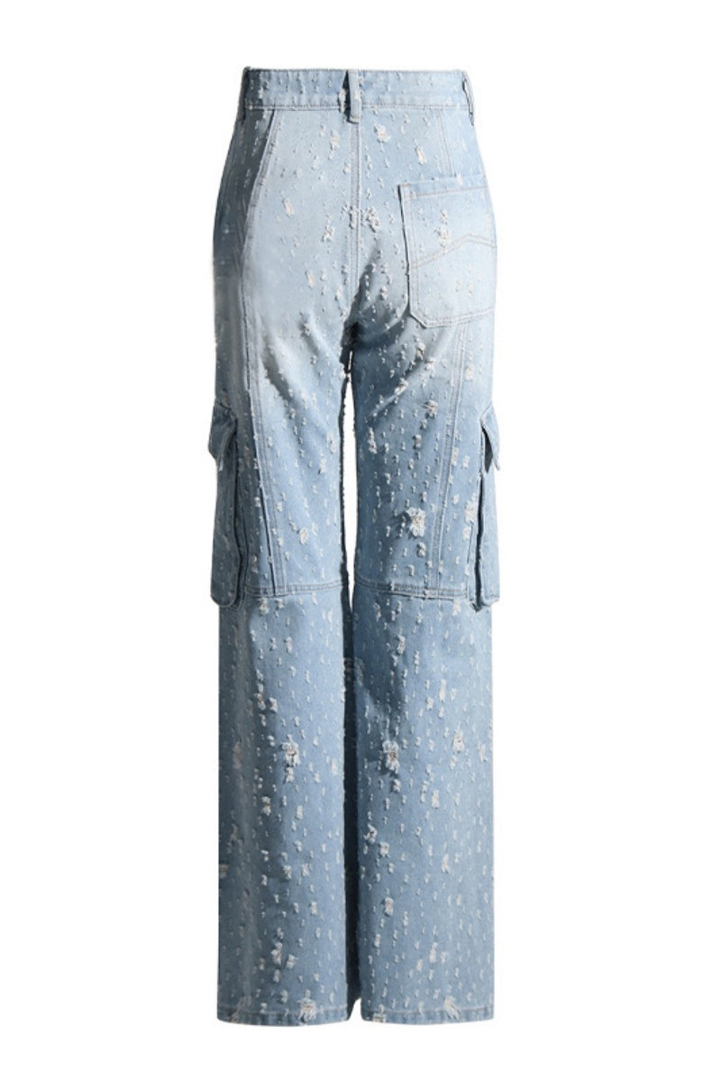 Patchwork Ripped Pocket Zipper Straight Denim Jeans