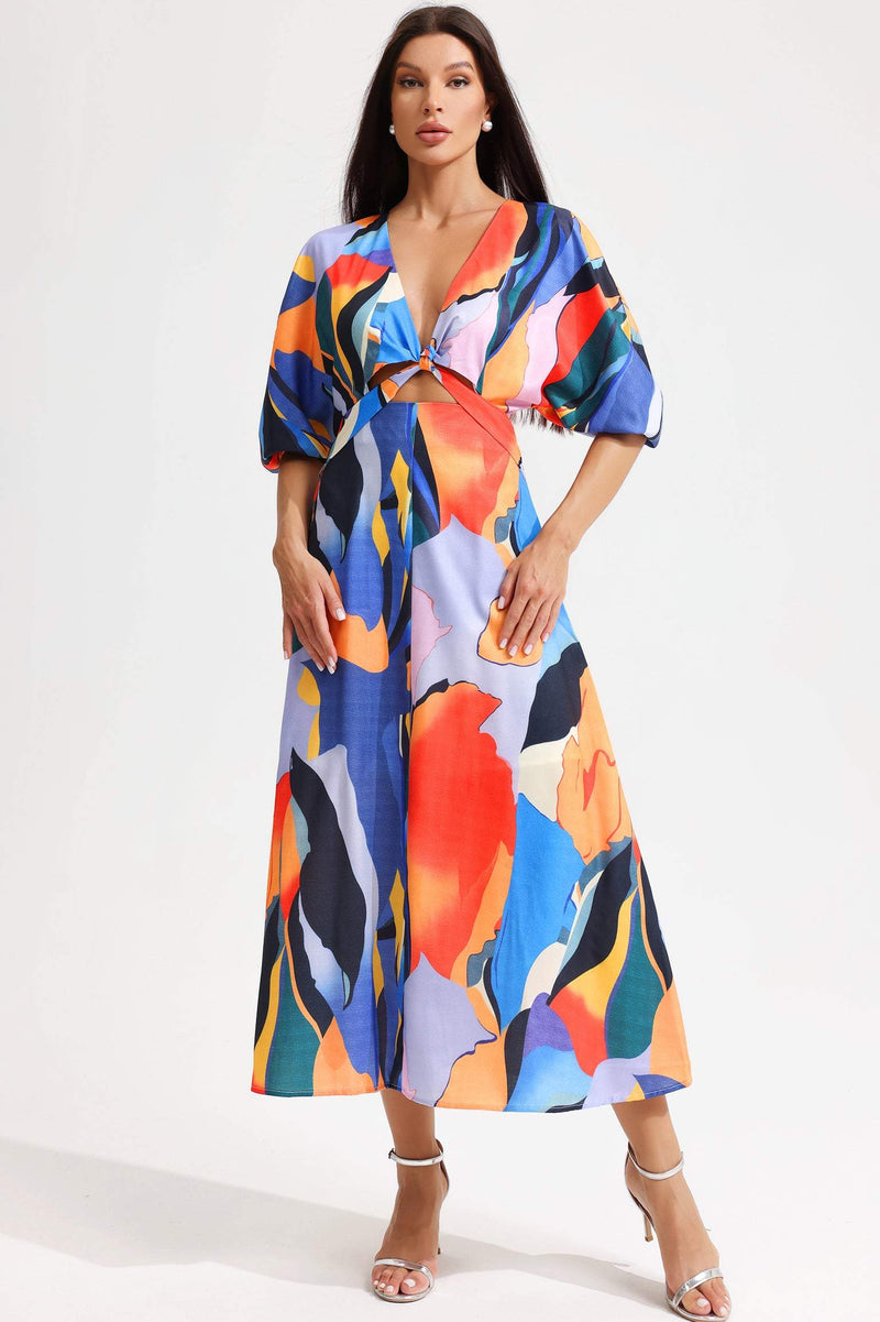 Abstract Print V-neck Maxi Dress