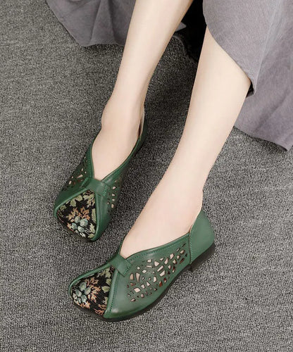 Green Hollow Out Cowhide Leather Flat Shoes for Splicing Flats