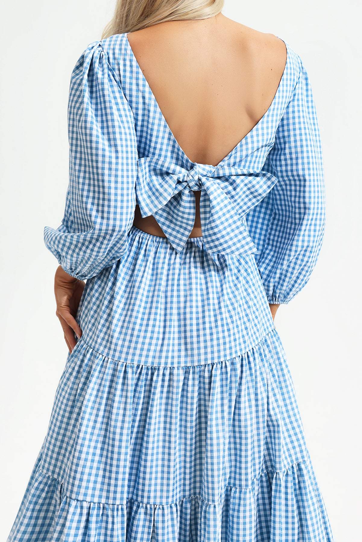 Puff Sleeve Cut-out Tiered Ruffle Hem Backless Maxi Dress