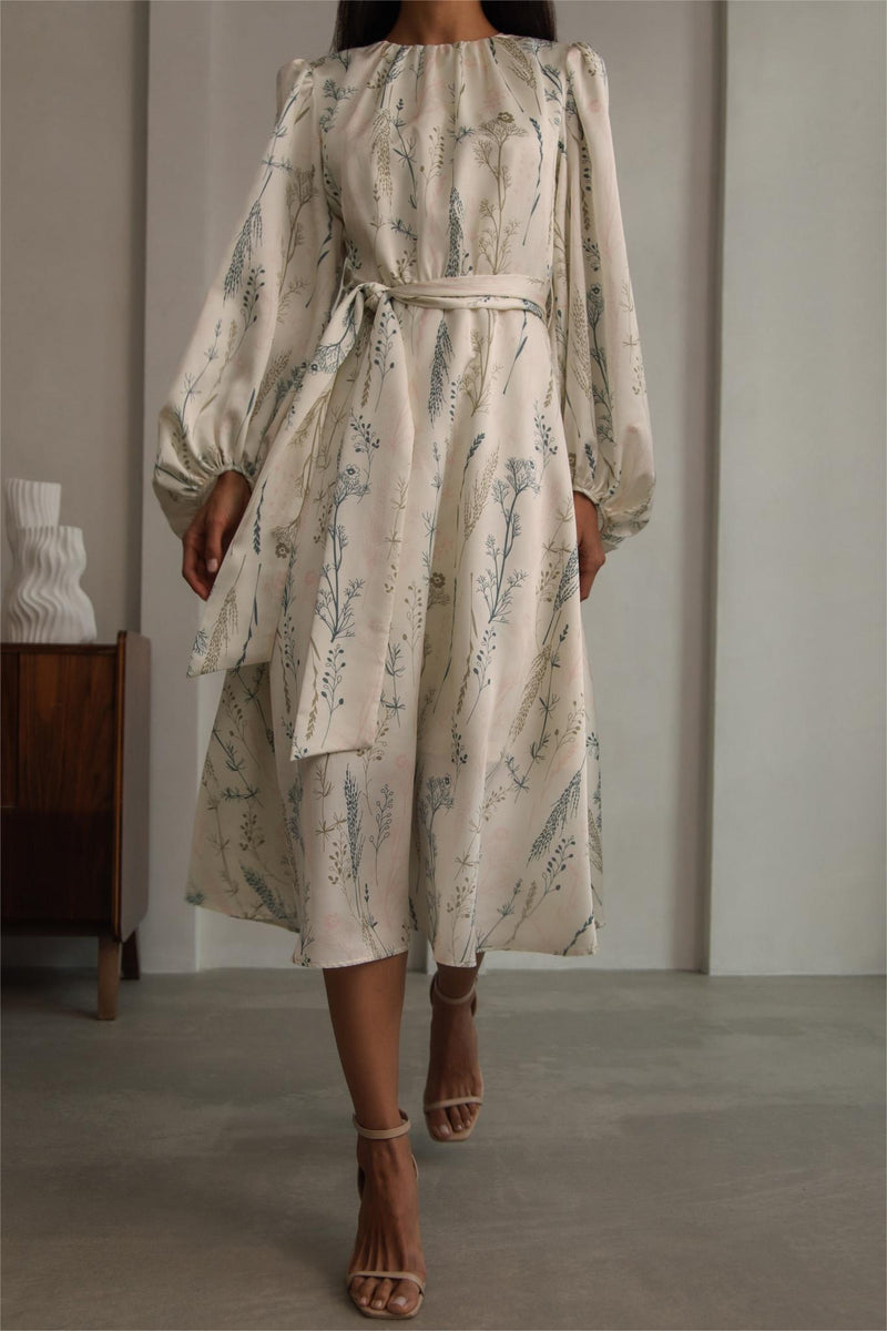 Lantern Sleeve Crew Collar Lace Up Midi Dress