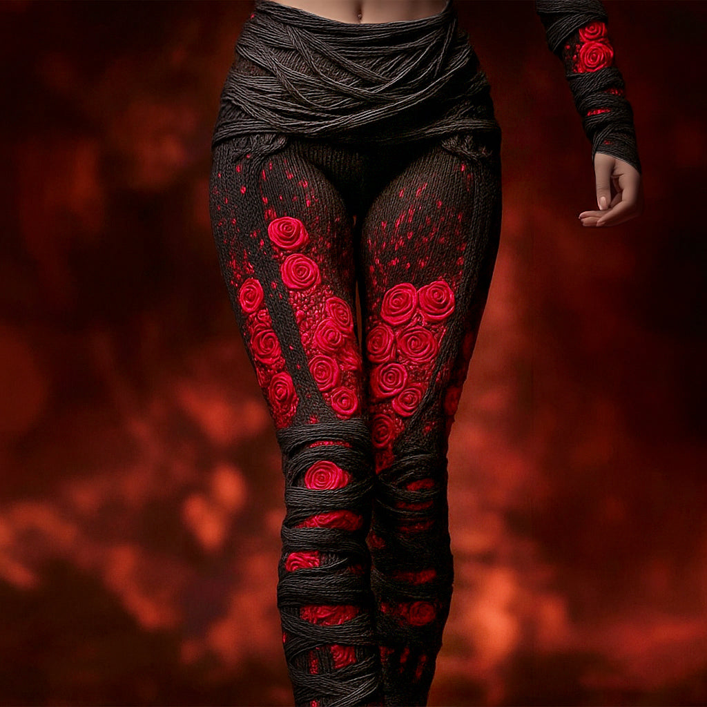 Vintage Skeleton Anatomy Bloody Roses Bandages Knit Leggings artswardrobe