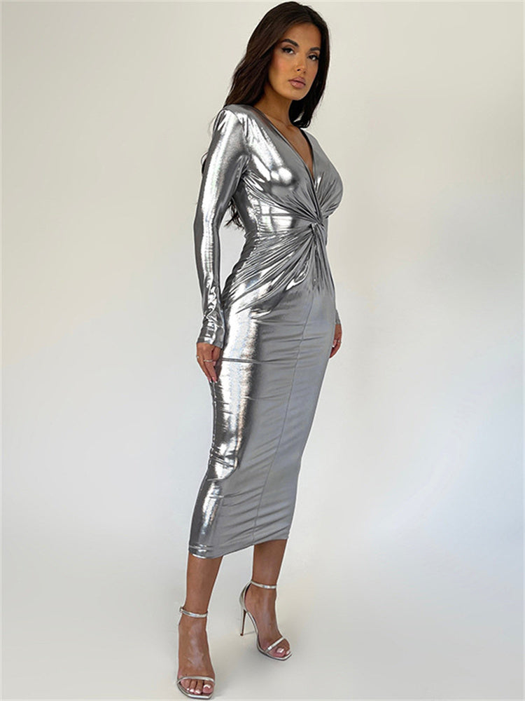Tossy V-neck Pleated Maxi Dress Female Slim High Waist Long Sleeve Party Looks Dress Patchwork Long Dress