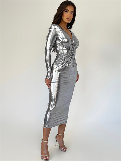 Tossy V-neck Pleated Maxi Dress Female Slim High Waist Long Sleeve Party Looks Dress Patchwork Long Dress