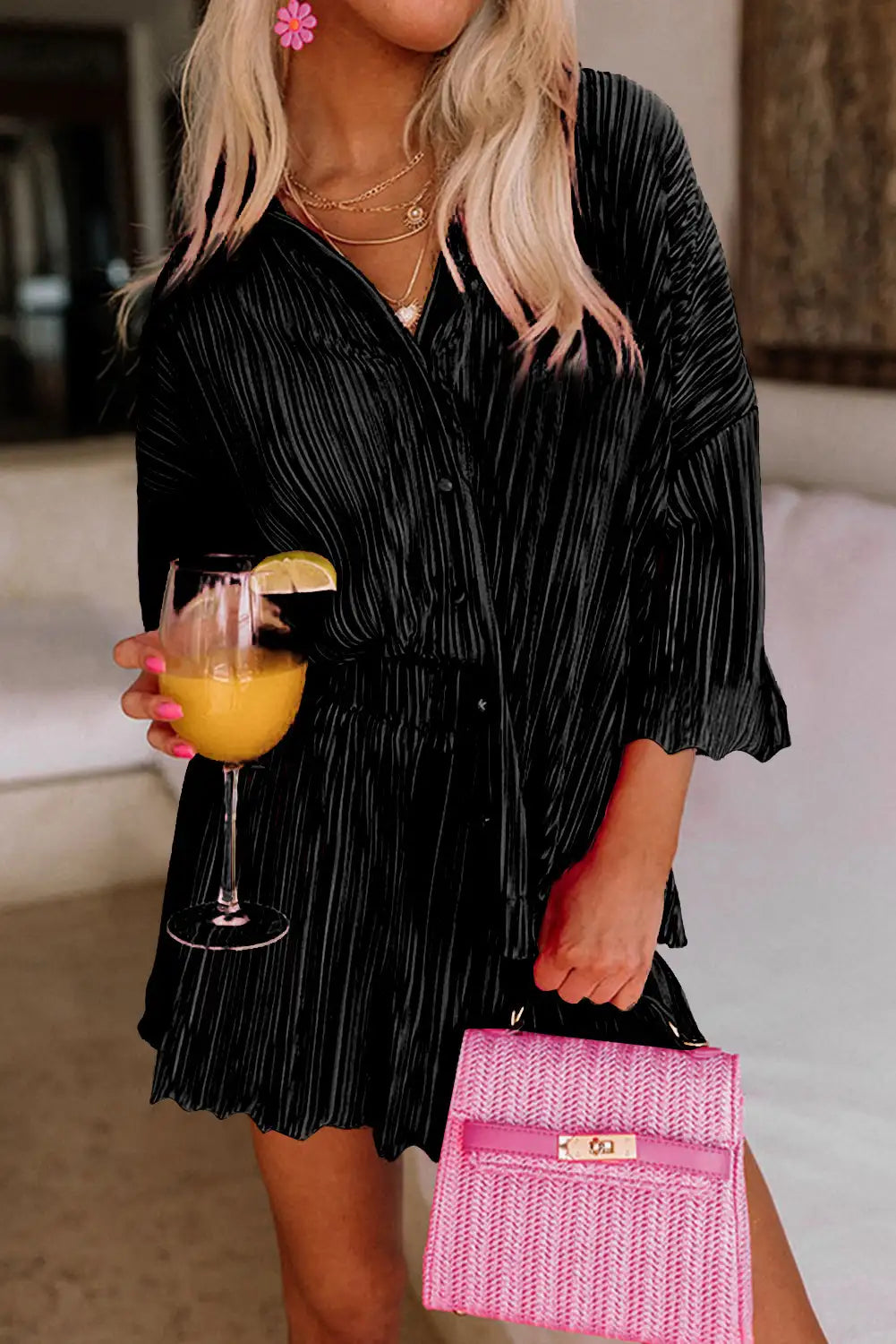 Pleated Black 3 4 Sleeves Shirt High Waist Shorts Set