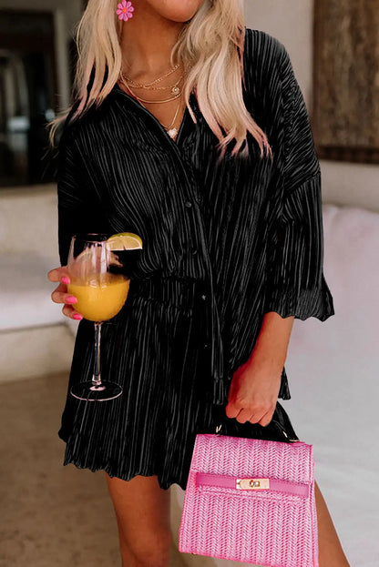 Pleated Black 3 4 Sleeves Shirt High Waist Shorts Set