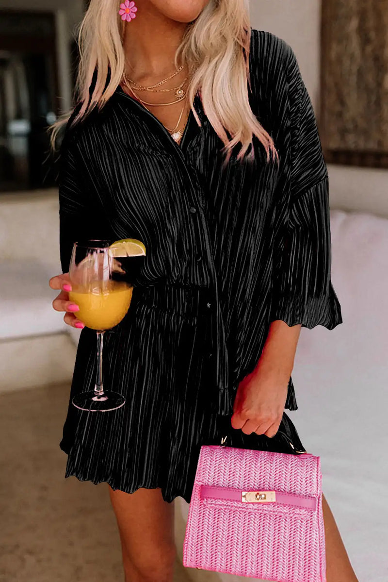 Pleated Black 3 4 Sleeves Shirt High Waist Shorts Set