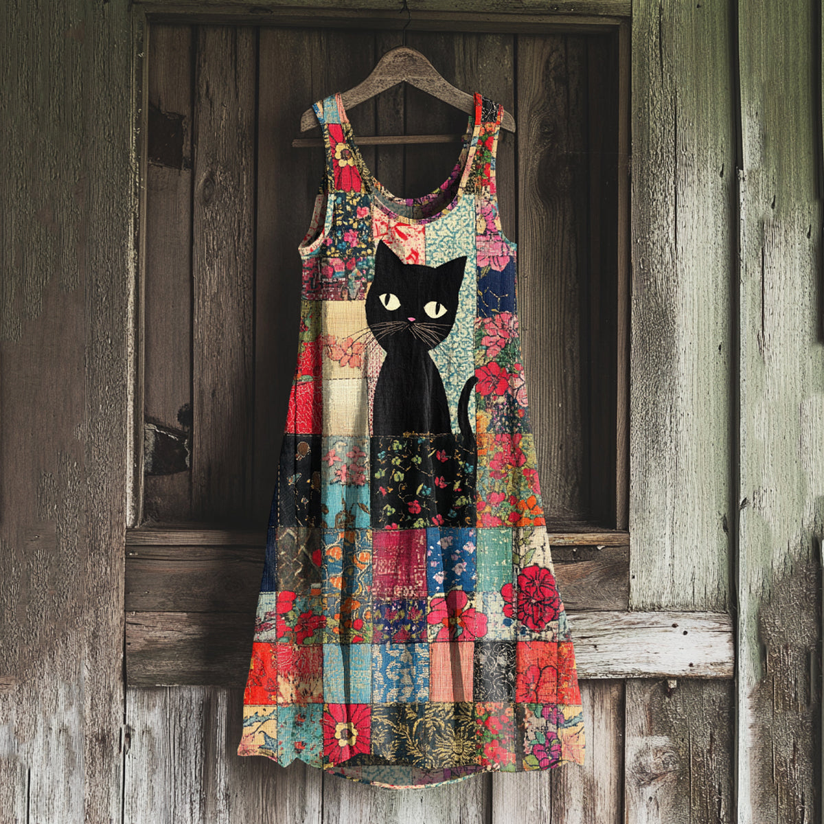 Vintage Cat Floral Patchwork Art Linen Blend Tank Dress artswardrobe