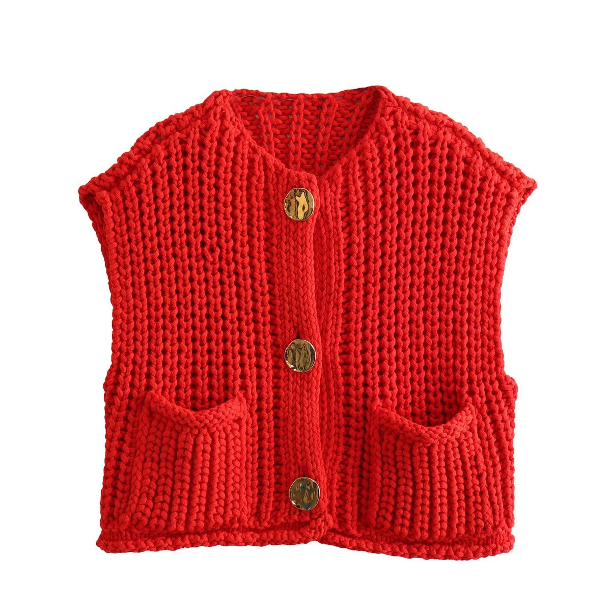 Large Buttons Color Knit Vest Cardigan