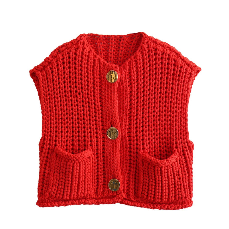 Large Buttons Color Knit Vest Cardigan