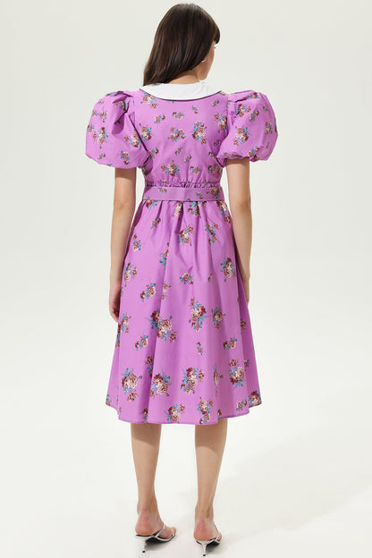 Puff Sleeves V-neck Tapered Waist Midi Dress
