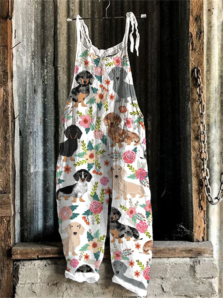 Comstylish Dachshund Dog & Floral Pattern Linen Blend Casual Jumpsuit