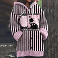 Casual Pink Striped Cat Print Women's Cardigan Sweater elevenforest