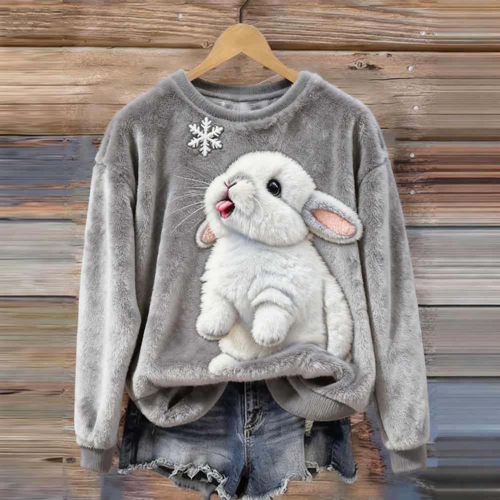 Cute Bunny & Snowflake Embroidered Cozy Plush Sweatshirt