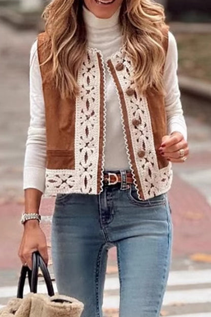 Color Lace Patchwork O Neck Waistcoats