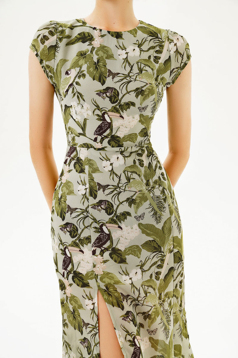 Backless Cut-out Slit Print Midi Dress Green