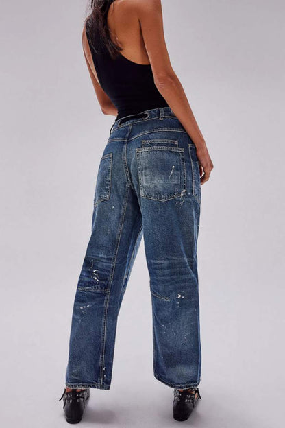 Patchwork Pocket Mid Waist Straight Denim Jeans
