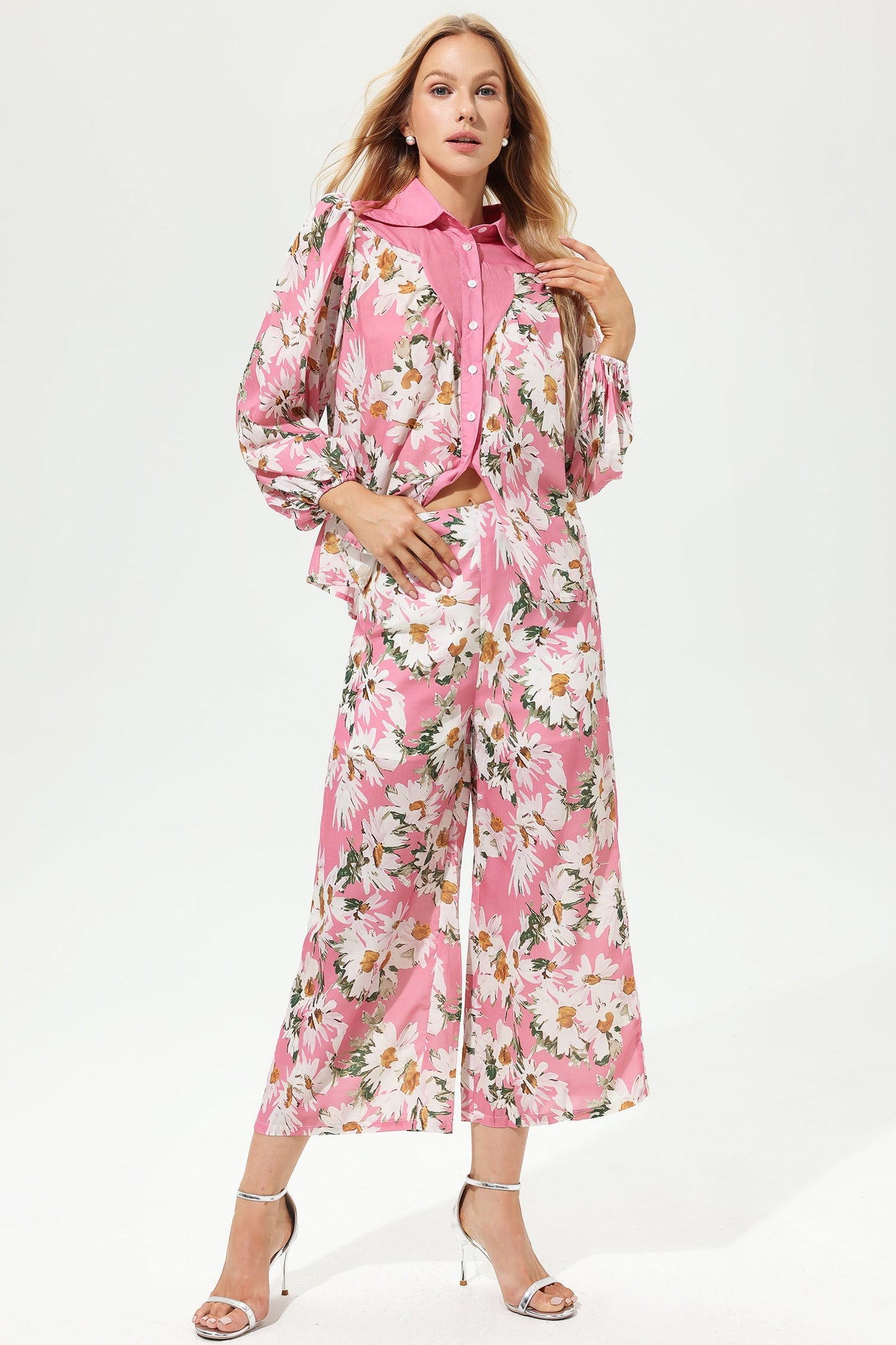 Puff Sleeve Lapel Wide Leg Pants Suit