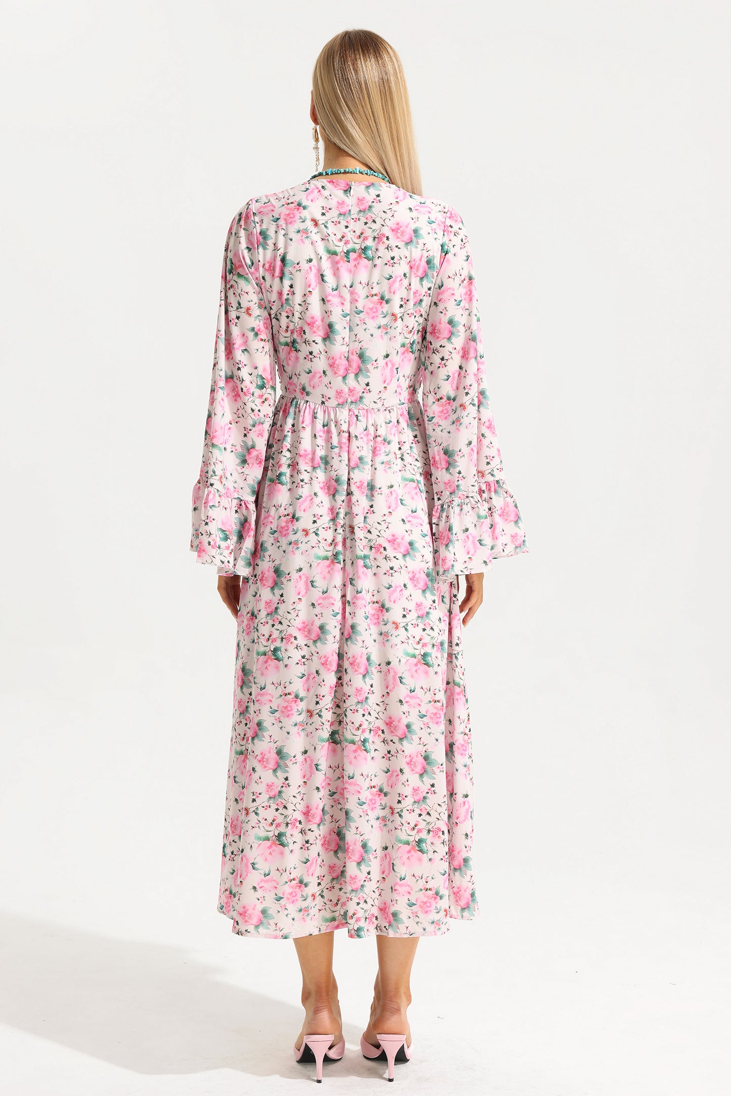 V-neck Ball Sleeve Midi Dress