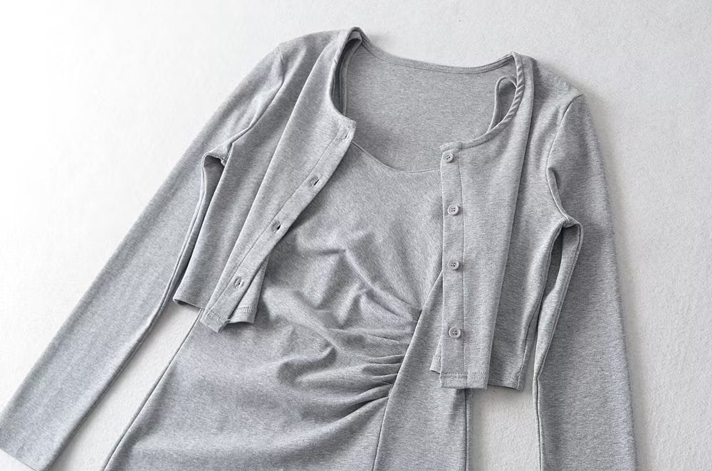 Pure Suit Autumn Winter Short Slim Long Sleeve Cardigan Inner Wear Pleated Cami Dress