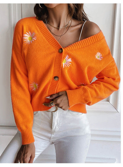 Sweet Clothing Small Chrysanthemum Embroidery V Neck Sweater Coat Autumn Winter Loose Knitted Cardigan
