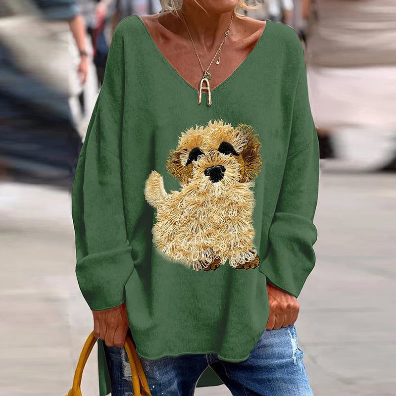 Comstylish Cute Dog Print V-Neck Loose T-Shirt