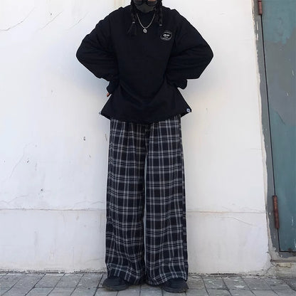 Oversize Pants Sweatpants Summer Black Plaid Pants Elastic Waist Pockets Student Trousers