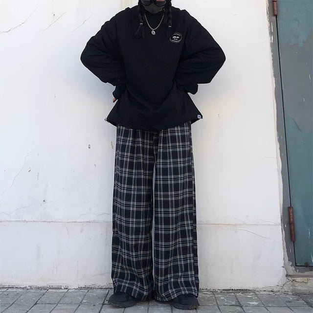 Oversize Pants Sweatpants Summer Black Plaid Pants Elastic Waist Pockets Student Trousers