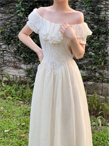 New Summer Off Shoulder Midi Dress Lace Patchwork Ruffles A-line French Prom Robe Vestidos