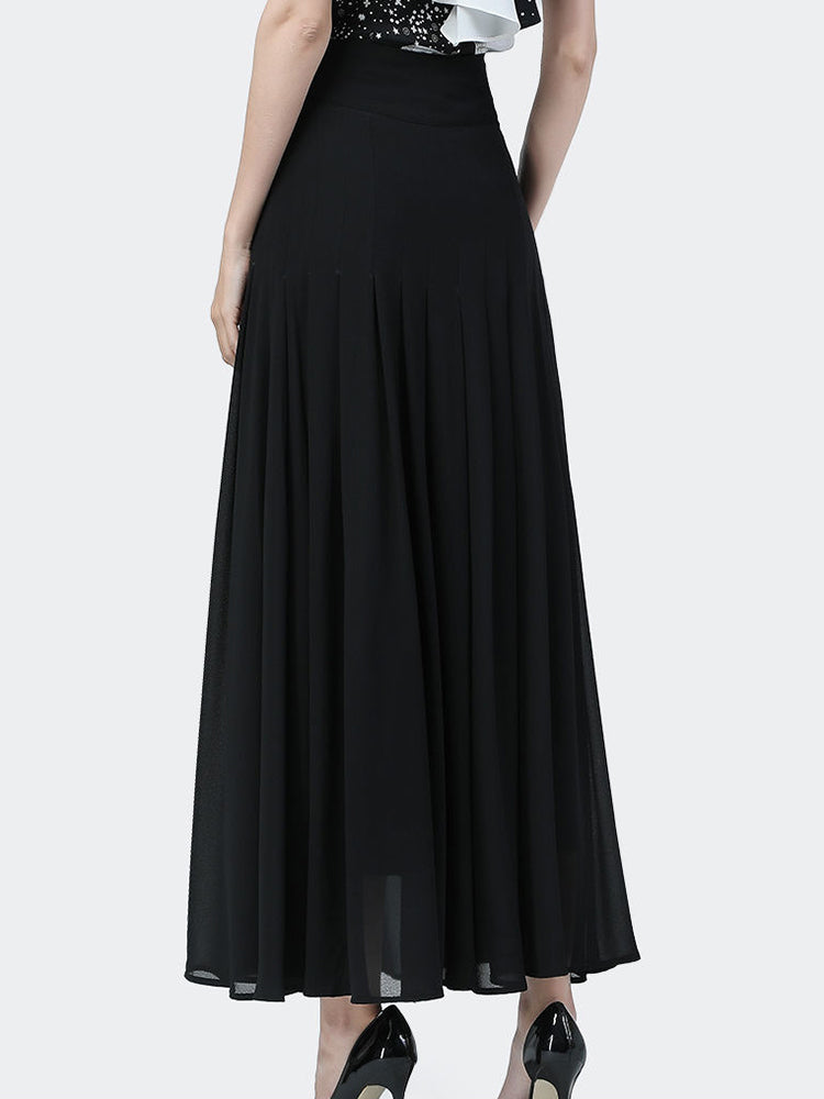 Mid-length Skirt All-match High-waist Button Slit Mesh Long Gauze Skirts for Summer Pleated Skirts Black
