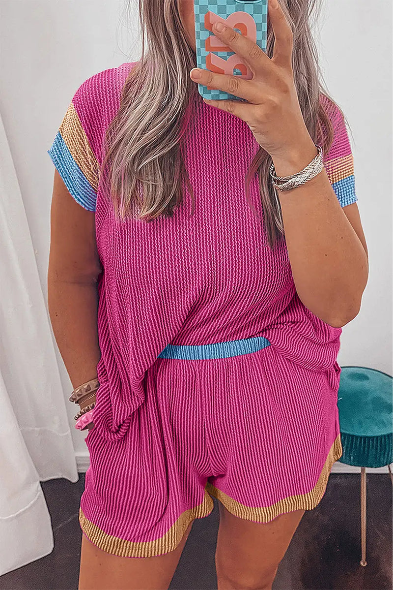 Vibrant Pink Textured Knit Plus Shorts Set