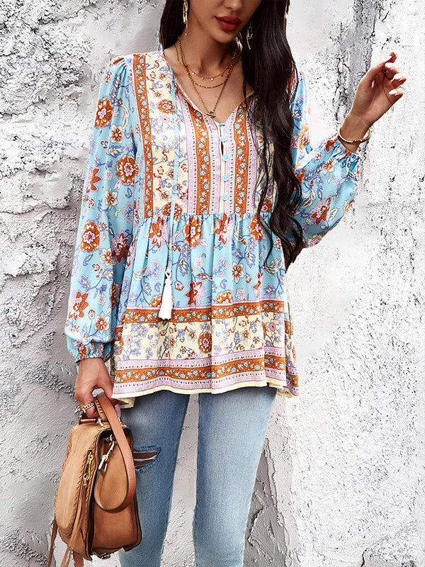 Long Sleeves Loose Buttoned Elasticity Flower Print Split-joint Tasseled V-neck Blouses&shirts Tops