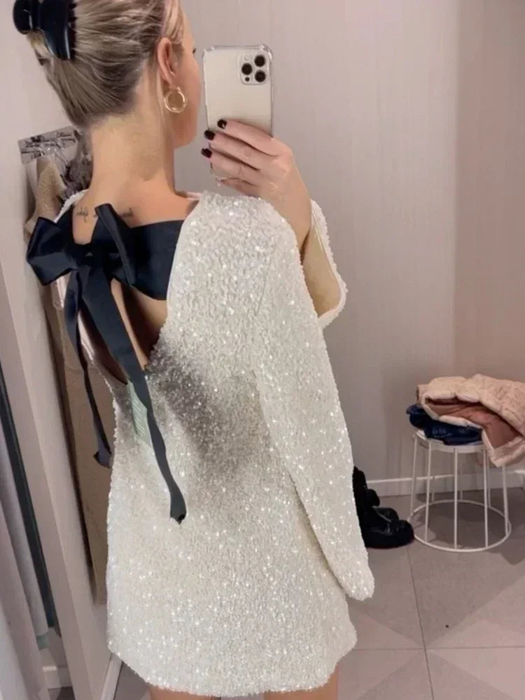 Tossy Tee Bow Backless Sequin Mini Dress Female Glitter Long Sleeve High Street Party Looks Dress Short Dress